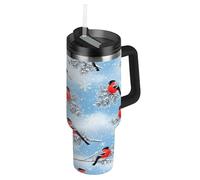 Red Birds Gobelet réutilisable en acier inoxydable avec poignée, couvercles et pailles, motif branches de pin givré pour homme et femme, 1200 ml