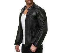 Veste en Cuir pour Homme Blouson de Motard en Cuir synthétique Jacket Noir L