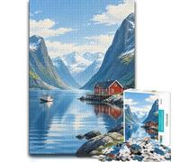 Red Cabins in Fjord Puzzle en Bois, Puzzle Image, 1000 pièces | Idée cadeau pour le Nouvel An : activité autour de la table pendant le temps libre.