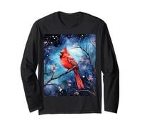 Red Cardinal Bird Blue Starry Night Pink Floral Sky Flower Manche Longue
