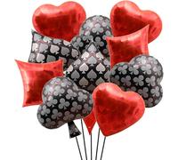 Red Casino Themed Heart Balloons 6" X 8" X 0.75" Metallic Finish Playing Cards Casino Party Poker Events Party Pack Of 12