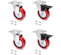 Red Castor Kit With Mounting Pletine,Red Wheels Ø75mm,2 With Brake And 2 Without Brake,Steel And Plastic