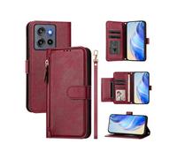 (Red)Compatible For Motorola Edge 50 Neo 5G Case Zipper Pocket Multiple Card Slots Leather Phone Cover