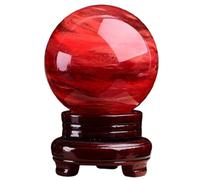 Red Crystal Ball with Wooden Stand,Melting Quartz, Divination Stone Sphere,for,Fengshui,Home Decoration,140mm/5.5in