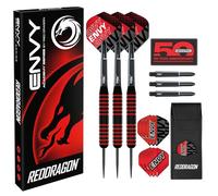 RED DRAGON Darts - Envy Series 24g - Noir Et Rouge Laiton Professionnel Jeu De Fléchettes Pointe en Acier avec Ailettes, Tiges Et Etui