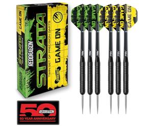 Red Dragon Strata Game on Darts Set - 20 Gram Black Steel Tip Darts with Flights and shafts (Stems)