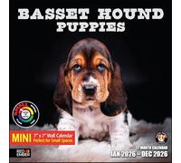 RED EMBER Basset Hound Puppies Mini calendrier mural 2026 12 mois | 17,8 x 35,6 cm ouvert | Papier épais et robuste | Cadeau | Calendrier 2026