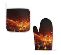 Red Flame Ensemble de 2 maniques et maniques avec rembourrage en coton Motif note de musique