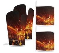 Red Flame Ensemble de gants de cuisine et maniques en forme de note de musique, antidérapants, gants de cuisine flexibles, pour barbecue, pâtisserie et cuisine