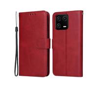 (Red)For Xiaomi 13 Pro 5g Cell Phone Case Bag Classic Calf Texture Supporting Stand Pu Leather Wallet Shockproof Cover With Wrist Strap