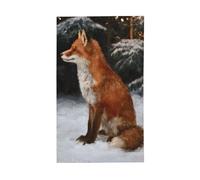 Red Fox Drapeaux de maison assis dans la cour enneigée, bannière de vœux de saison avec œillets, décoration d'intérieur et d'extérieur