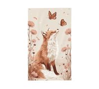 Red Fox Parmi de grandes fleurs sauvages et papillons oranges, bannière de vœux avec œillets, décoration d'intérieur ou d'extérieur