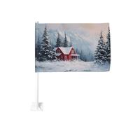 Red House In The Snow Drapeau de voiture en hiver avec clip pour fenêtre extérieure 30 x 45 cm Double face Décoration de voiture