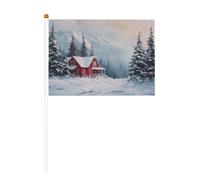 Red House In The Snow Lot de 10 petits drapeaux à main, mini drapeaux sur bâton pour fête, activités d'équipe, défilés, décoration de vacances