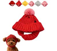 Red Knit Dog Beanie,Puppy Beanie Cap,Winter Dogs Hats,Pet Neck Warmer Scarf Hoodie,Anti-Drop Design,Knit Hats for Dogs & Cats with Ear Holes,for Outdoor Walks & Photos (Red + Pom-poms,Small)