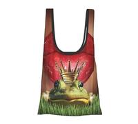 Red Lips Getting Ready to Kiss A Frog Print Sacs d'épicerie réutilisables, pliables et lavables dans une pochette écologique Sac de courses