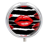 Red Lips Kiss Pilulier de voyage à 3 compartiments avec petit miroir, pilulier portable pour poche et sac à main, joli étui à médicaments rond, récipient à médicaments hebdomadaire