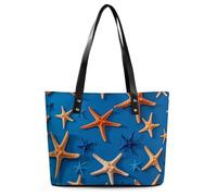 Red Lips Kiss Sac fourre-tout en cuir pour femme avec poignée sur le dessus Sac à main décontracté Sac à bandoulière, Fond bleu avec de nombreuses étoiles de mer, 29*34*14cm