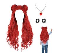Red Long Wig, Heart-Shaped Necklace, Girls Halloween Wigs | Cosplay Party Red Wig with Bracelet | Comfortable Cosplay Dress Up Accessories Festival Supplies for Party School Performance Stage