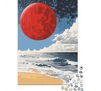 Red Moon Over Ocean Puzzle Adulte 1000 Pièces, 70x50cm/1000pcs, pour Les Amateurs De Défis Détaillés; Carton Blanc pour Un Tri Plus Propre