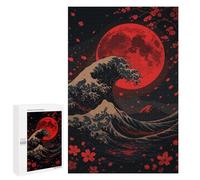 Red Moon Wave Japanese Art Jeu D’Assemblage en Bois, 1000 PCS - Cadeau De Fin D’année - À Assembler, Encadrer Et Exposer