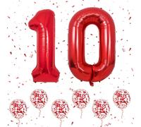 Red Number 10 Balloons, Large Number 1 & 0 Balloons 40 Inch With 6 Red Helium Confetti Balloons, 1St 10Th Birthday For Girls Boys Parties Romantic Birthday Oc Ns