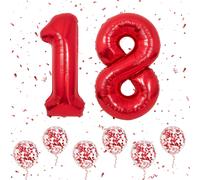 Red Number 18 Balloons, Large Number 1 And 8 Balloons With 6 Red Helium Confetti Balloons, 8Th 18Th Birthday For Girls Boys Party Romantic Oc Ns Birthday Decorations