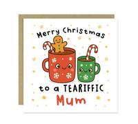 RED OCEAN Carte de Noël « Merry Christmas To A Tea Riffic Mum » avec enveloppe kraft pour maman, joyeux Noël pour elle, de la part de sa fille et de son fils