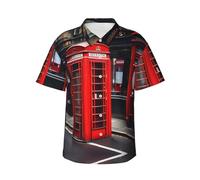 Red Phone Booth London Street Print Chemise hawaïenne à manches courtes boutonnée pour les vacances, chemises d'été pour hommes, Noir , 3XL