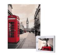 Red Phone Booth London Street - Puzzle imprimé avec boîte de rangement - Puzzle en bois pour adultes et enfants - 500 pièces - Jeu décoratif amusant en famille