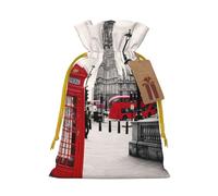 Red Phone Booth London Street Sacs de Noël imprimés avec cordon de serrage et ruban de Noël jaune - Pochettes cadeaux réutilisables en toile de jute avec cordon de serrage, taille M