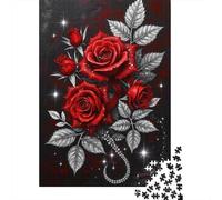 Red Rose Casse-tête Silver Leaf Glitter 1000 Pièces Papier Recy adeau Unisexe, Jeu Éducatif Anti-Stress De Famille, Cadeau Célébration 70x50cm/1000pcs