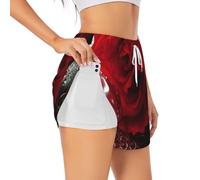 Red Rose Flower Short de sport d'été pour femme Loisirs quotidiens Jogging cyclisme exercice en plein air, blanc, L Grande longueur