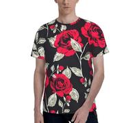 Red Rose Garden Print T-shirt à col rond à la mode confortable polyvalent décontracté sorties diverses scènes, Noir , M