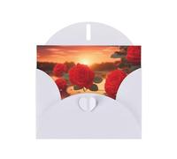 Red Roses At Sunset Carte de vacances horizontale avec enveloppe blanche en forme de cœur et écrire divers vœux de vacances