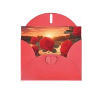 Red Roses At Sunset Carte de vacances horizontale avec enveloppe en forme de cœur rouge et écrire divers vœux de vacances