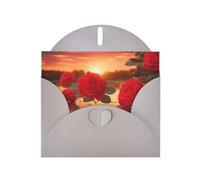 Red Roses At Sunset Carte de vacances horizontale avec enveloppe grise en forme de cœur et écrire divers vœux de vacances