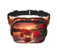 Red Roses at Sunset Sac banane carré double couche avec sangle réglable pour activités de plein air, noir, taille unique, Noir , Taille unique