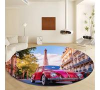 Red Round Area Rug Living Room Diameter 180 cm, Non Slip Low-Pile Area Rugs - Surrealism Paris Street Eiffel Tower Soft Machine Washable Carpet for Bedroom Living Room Kitchen Entryway