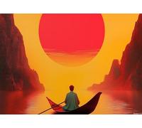 Red Sun Puzzle 1000 pièces Batelier solitaire dans la vallée du coucher de soleil ardent, puzzle paysage paisible inspiré du zen pour adultes, 50,8 x 71,1 cm