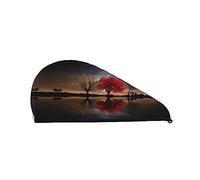 Red Tree Lake Moon Serviette de séchage pour cheveux imprimée Absorbant à séchage rapide Bonnet pour cheveux secs en velours corail avec bouton fixe pour sécher les cheveux longs et épais