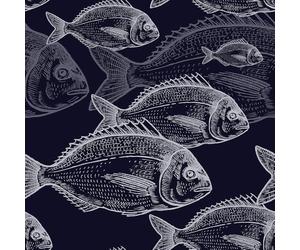 REDAMANCY Papier peint adhésif abstrait bleu foncé et blanc motif poissons marins sur papier peint vintage facile à décoller pour table de chevet, tiroir, placard, locataire