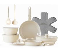 Redchef Batterie de cuisine en céramique à poignées amovibles, 16 pièces, coloris blanc à l’extérieur et café à l’intérieur, casserole 18 cm et 20 cm + faitout 20 cm et 26 cm, mat de cuisson inclus, s