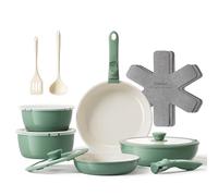 Redchef Ensemble de 16 casseroles et poêles en céramique antiadhésives avec poignée amovible, sans PFAS PFOA et PTFE, pour camping-car, passe au four (vert)
