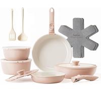 Redchef Ensemble de 16 pièces de batterie de cuisine en céramique, poignée amovible, couleur extérieure rose et intérieure blanche, comprend des casseroles 18 cm / 20 cm et des casseroles 20 cm / 26 c