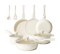 Redchef Lot de 11 casseroles en céramique avec couvercle en verre - Sans PTFE - Sans PFAS - Convient à tous les types de plaques de cuisson - Passe au lave-vaisselle (beige)