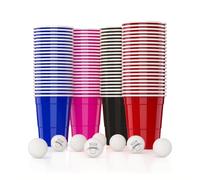 RedCupShop Beer Pong Lot de 100 gobelets avec 16 balles, 473 ml, en rouge, bleu, rose et noir, réutilisables pour fête, anniversaire, camping et barbecue