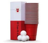 RedCupShop® Lot de 25 gobelets rouges et 4 balles - Passe au lave-vaisselle et réutilisable - 473 ml - Gobelets de fête rouges