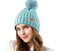 REDESS Womens Winter Knitted Beanie Hat Warm Fleece Lined with Pompom Cap Thick Slouchy Snow Knit Skull Ski Cap ，Menthe ，Taille Unique