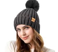 REDESS Womens Winter Knitted Beanie Hat Warm Fleece Lined with Pompom Cap Thick Slouchy Snow Knit Skull Ski Cap ，Gris ，Taille Unique